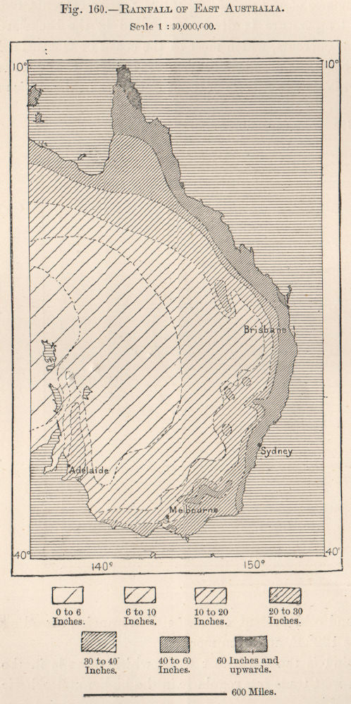 Rainfall of East Australia 1885 old antique vintage map plan chart